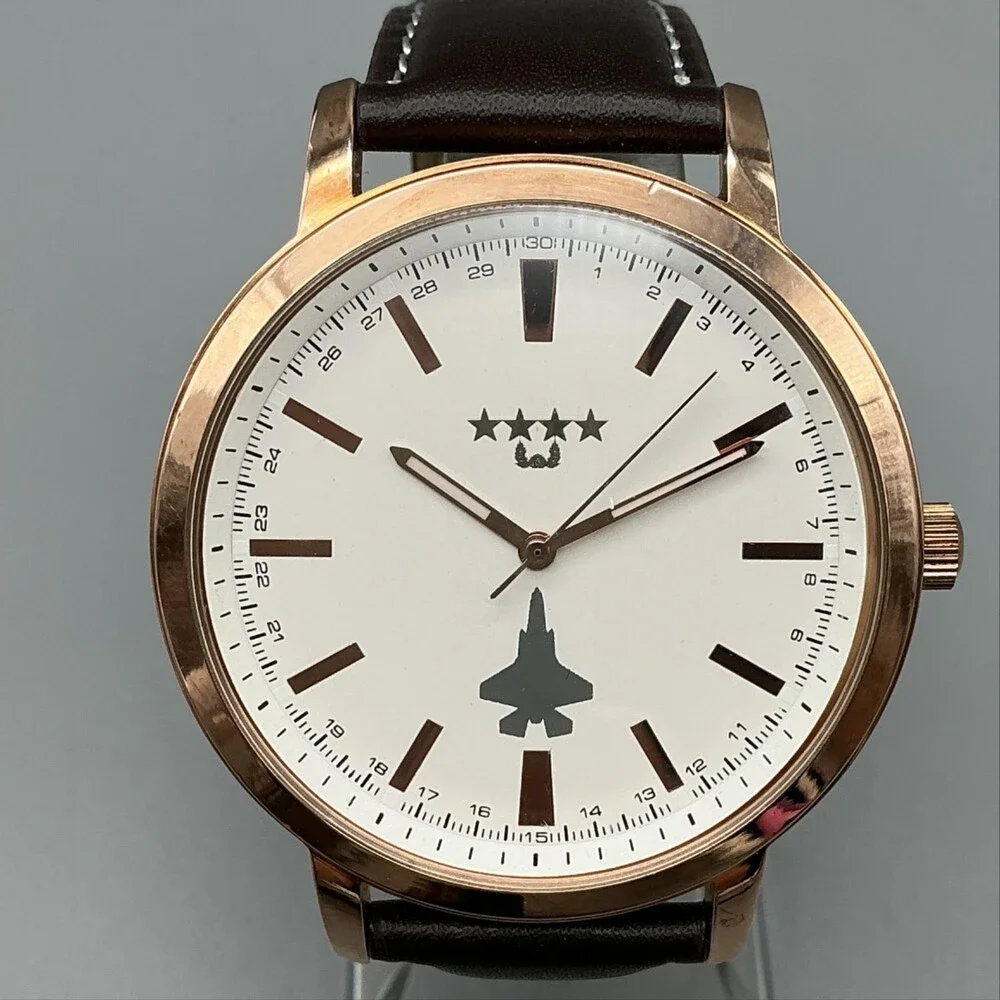 ROK Mens Watch 43mm Rose Gold Tone Brown Leather Air Force New Battery